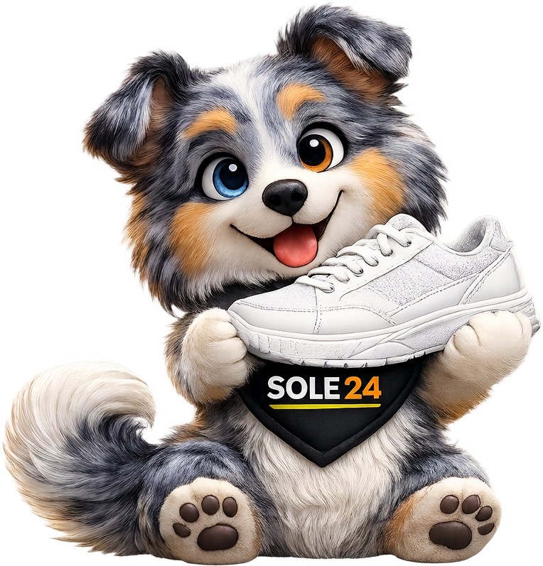 Sole24 mascot holding a fresh white sneaker